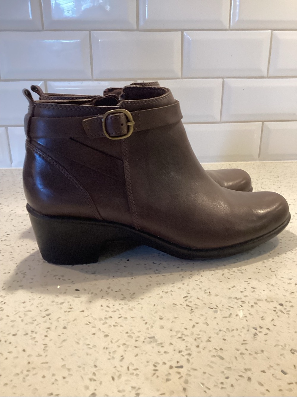 Clarks Brown Leather Ankle Bootie with Buckle Accent
